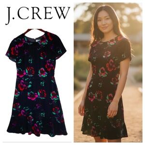 J. Crew Sz 2 XS / Small Dress Velour Velvet Floral Flutter Black Party Wedding